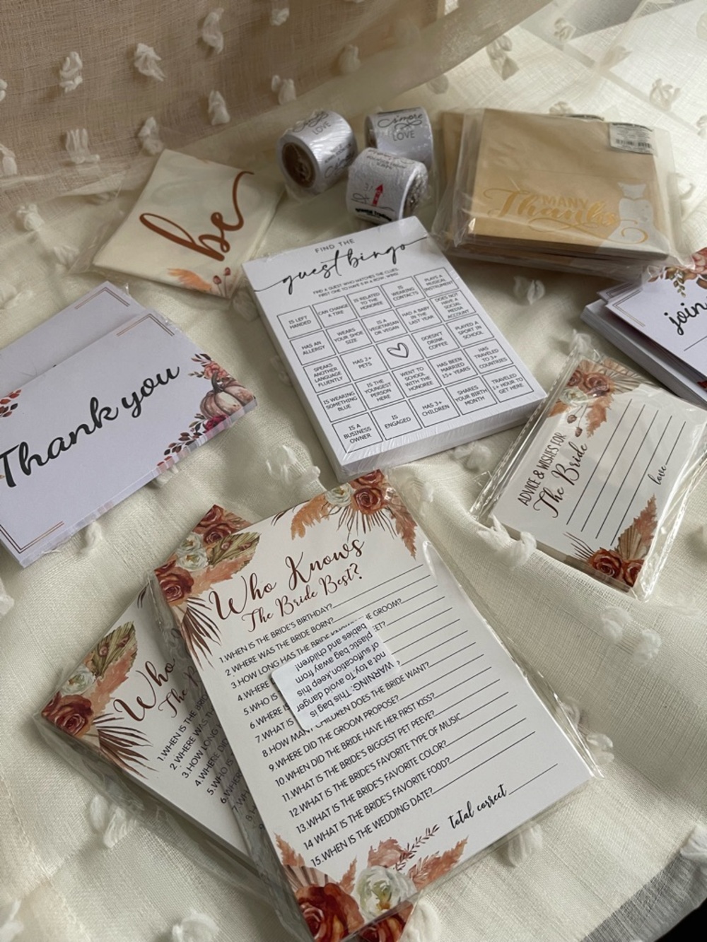 Bridal Shower Party Supply Lot Games Bingo Cards Sash Thank You RSVP Bride To Be